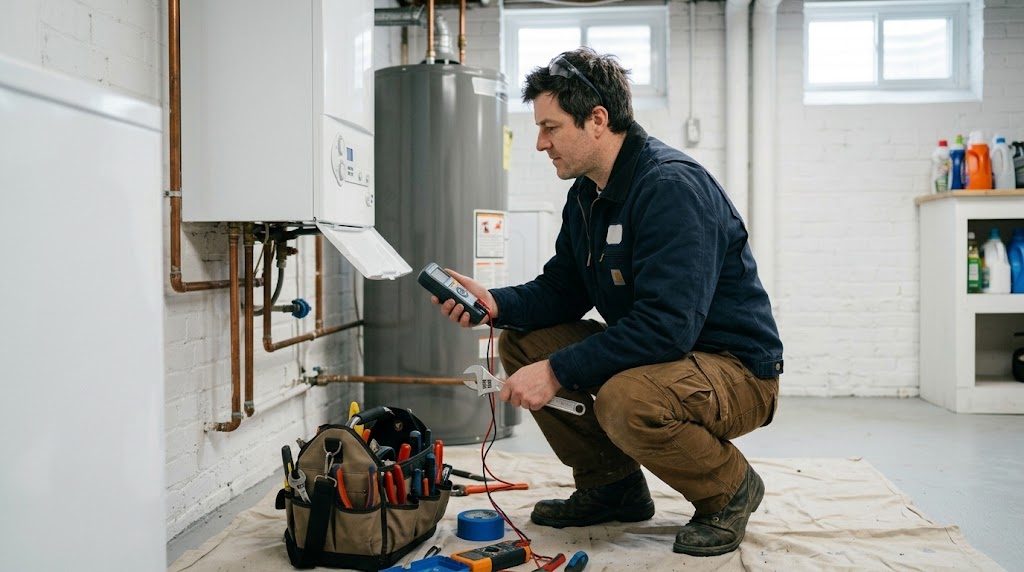 Heating technician inspecting a modern residential gas boiler system in a Kingsbridge Heights basement