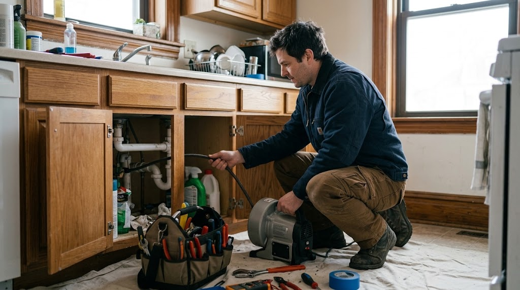 Plumbing technician utilizing motorized drain cleaning equipment under a kitchen sink in Kingsbridge Heights