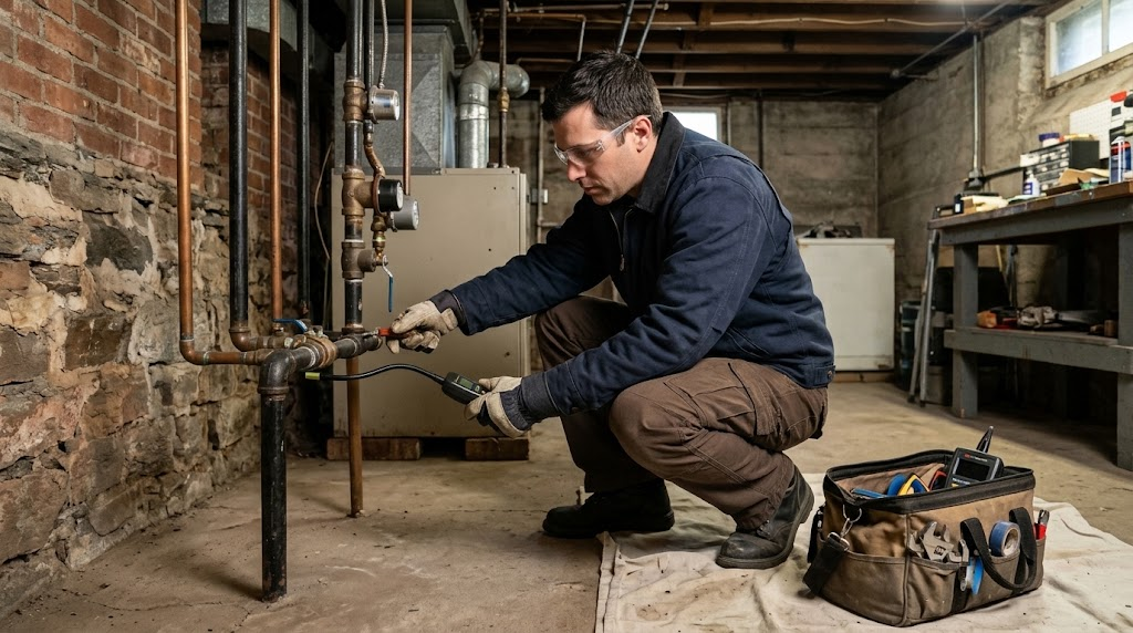 Licensed plumbing technician performing a gas line repair and inspection in Kingsbridge Heights