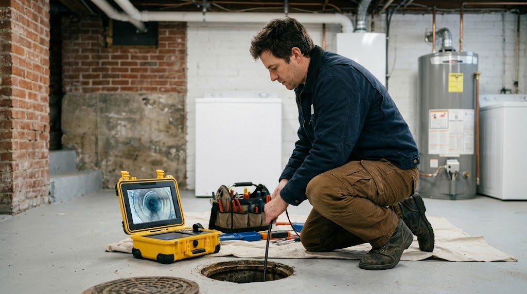 Plumbing technician conducting a sewer line repair and inspection in Kingsbridge Heights