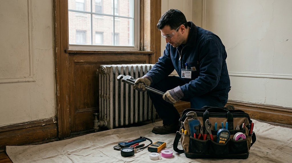 Heating technician repairing a brass steam radiator valve in a Kingsbridge Heights apartment