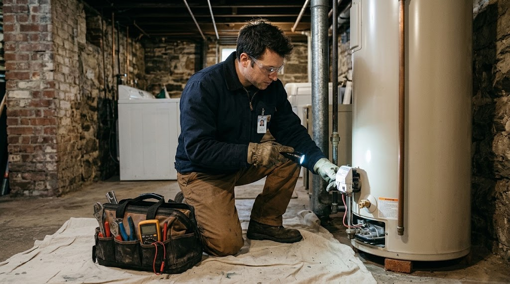 Heating technician diagnosing a residential gas water heater in a Kingsbridge Heights basement